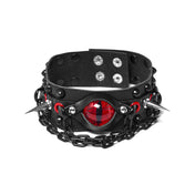 Leather faux-leather metallic-chain chain hanging-chains accessories collar choker studs studded cone conical conical-studs long long-spikes spike spikes spiked acrylic snap-button press-stud eye cats-eye fetish fashion alt-fashion punk bdsm bdsm-gear kink kinky kinky-gear costume cosplay halloween demon devil succubus incubus unisex black red