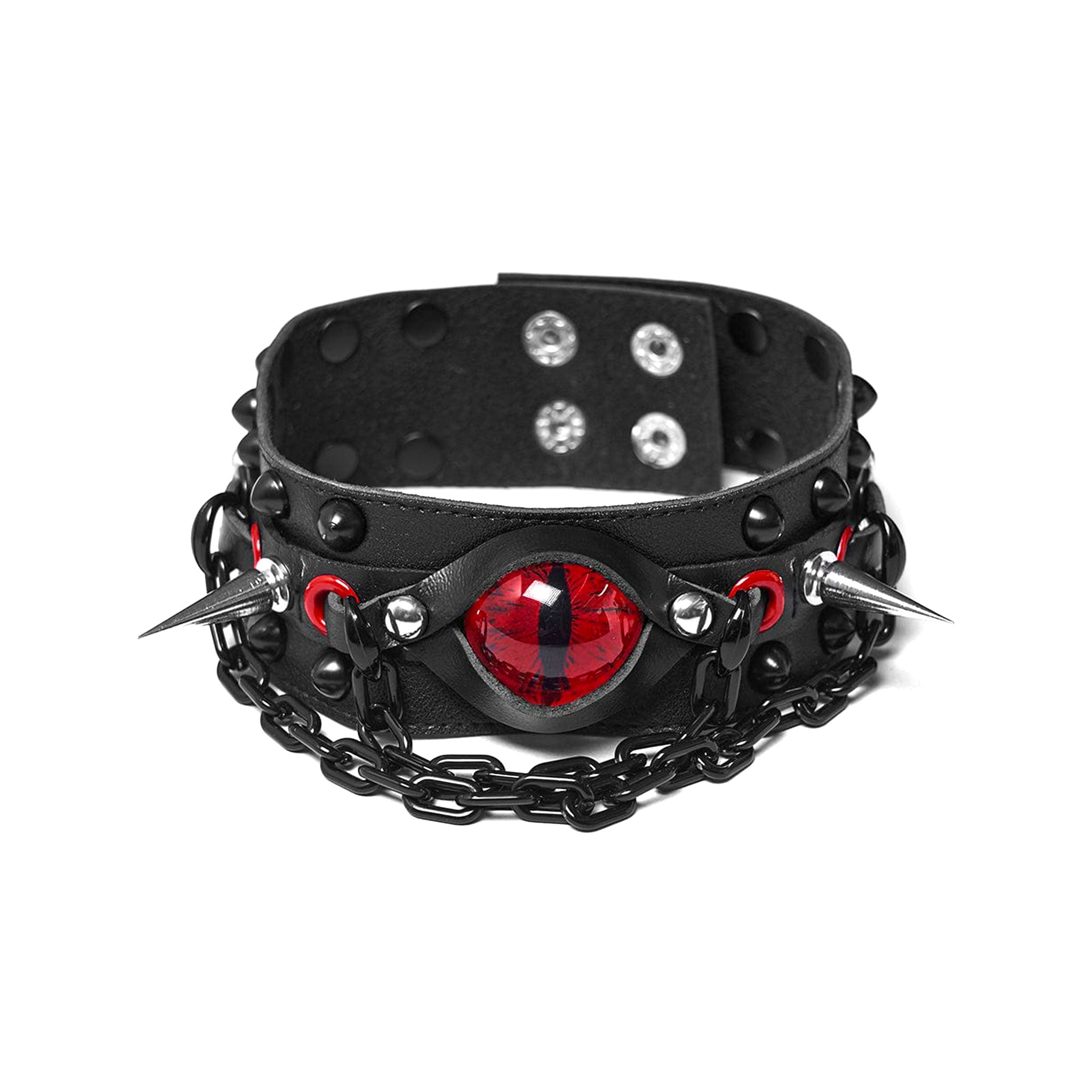 Leather faux-leather metallic-chain chain hanging-chains accessories collar choker studs studded cone conical conical-studs long long-spikes spike spikes spiked acrylic snap-button press-stud eye cats-eye fetish fashion alt-fashion punk bdsm bdsm-gear kink kinky kinky-gear costume cosplay halloween demon devil succubus incubus unisex black red