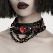 Leather faux-leather metallic-chain chain hanging-chains accessories collar choker studs studded cone conical conical-studs long long-spikes spike spikes spiked acrylic snap-button press-stud eye cats-eye fetish fashion alt-fashion punk bdsm bdsm-gear kink kinky kinky-gear costume cosplay halloween demon devil succubus incubus unisex black red