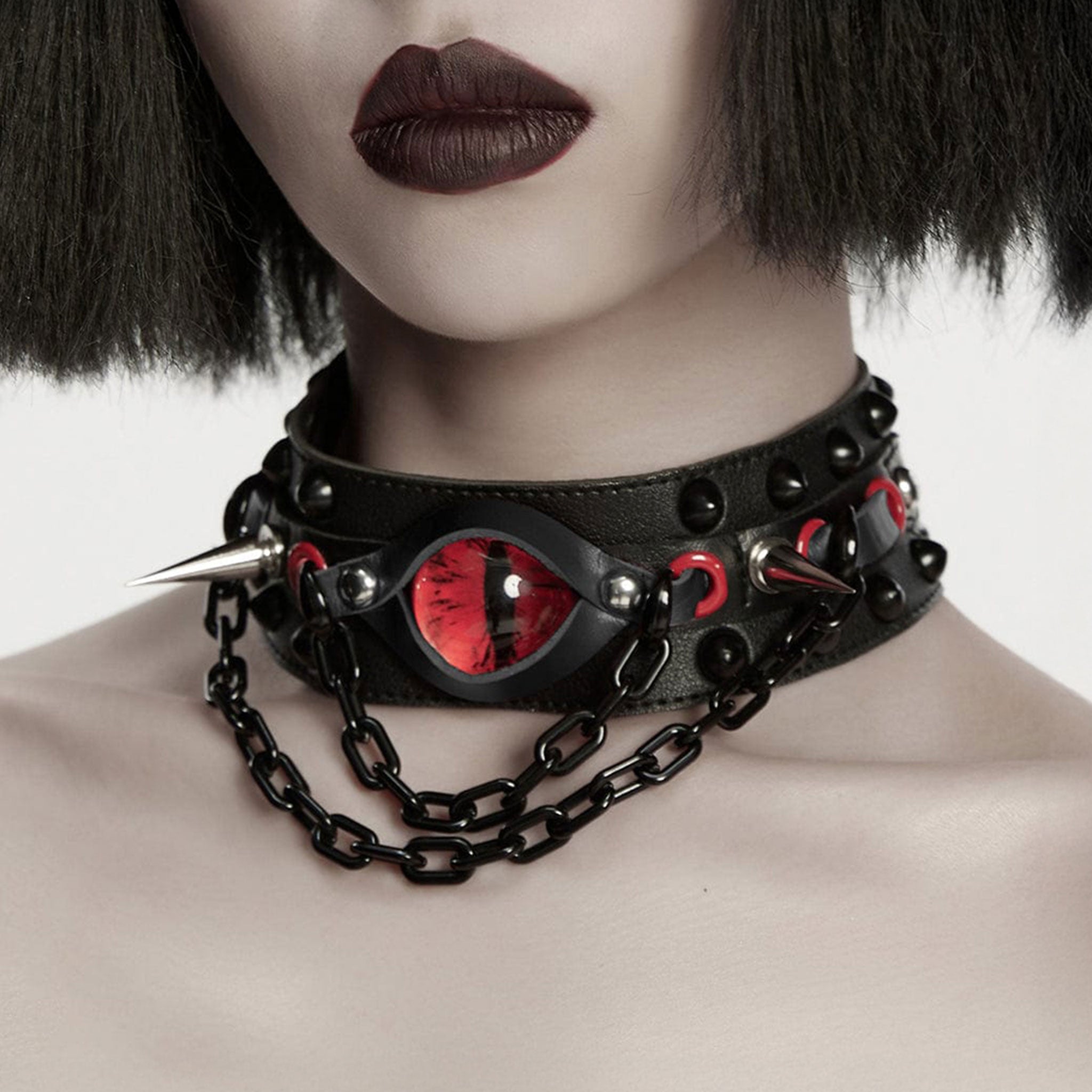 Leather faux-leather metallic-chain chain hanging-chains accessories collar choker studs studded cone conical conical-studs long long-spikes spike spikes spiked acrylic snap-button press-stud eye cats-eye fetish fashion alt-fashion punk bdsm bdsm-gear kink kinky kinky-gear costume cosplay halloween demon devil succubus incubus unisex black red