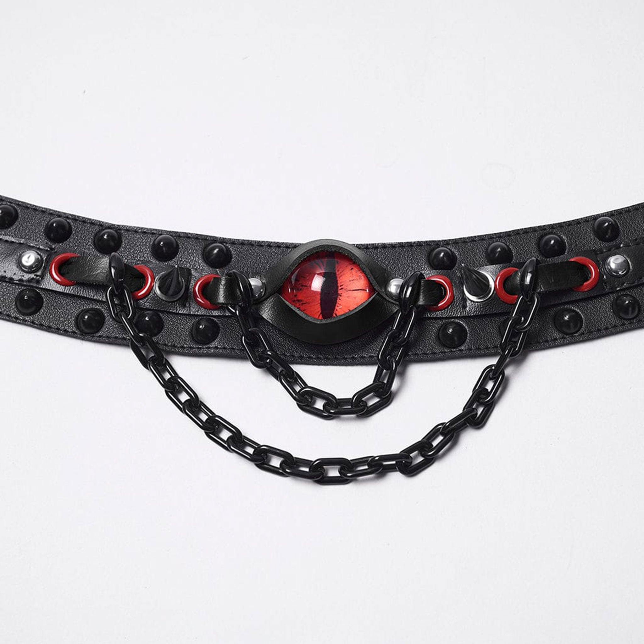 Leather faux-leather metallic-chain chain hanging-chains accessories collar choker studs studded cone conical conical-studs long long-spikes spike spikes spiked acrylic snap-button press-stud eye cats-eye fetish fashion alt-fashion punk bdsm bdsm-gear kink kinky kinky-gear costume cosplay halloween demon devil succubus incubus unisex black red