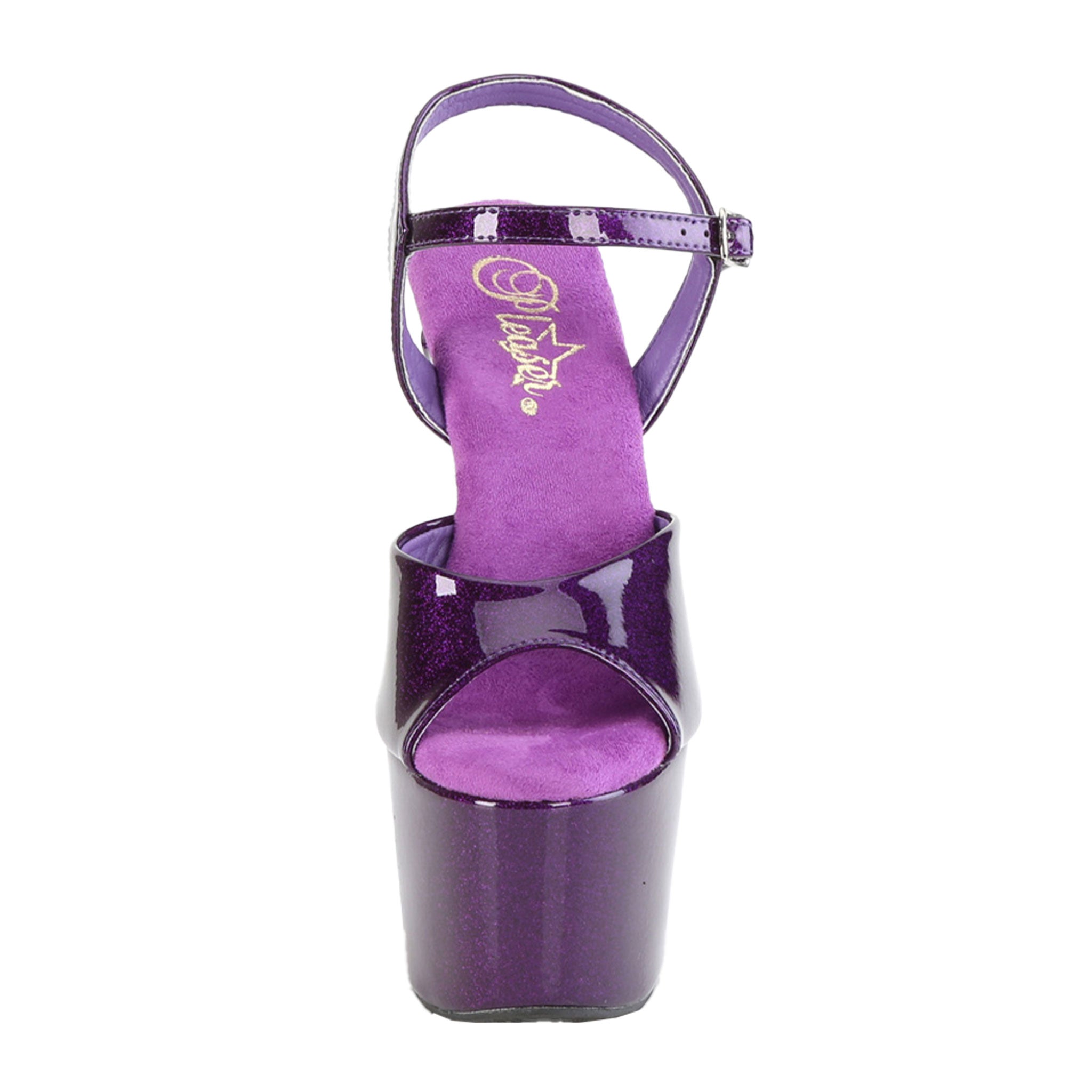 purple glitter platform sandals, 7 inch ankle strap heels, glittery high heel fetish shoes, sexy strappy club sandals, purple stripper heels with treaded sole, Fetish Factory platform heels