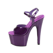 purple glitter platform sandals, 7 inch ankle strap heels, glittery high heel fetish shoes, sexy strappy club sandals, purple stripper heels with treaded sole, Fetish Factory platform heels