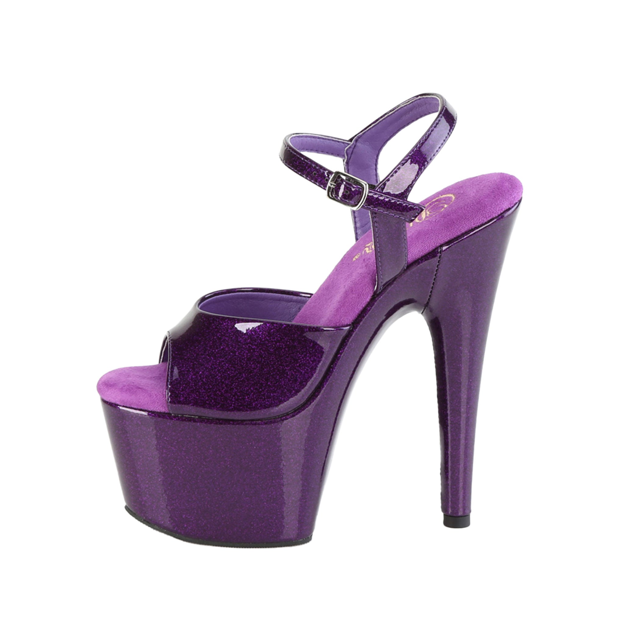 purple glitter platform sandals, 7 inch ankle strap heels, glittery high heel fetish shoes, sexy strappy club sandals, purple stripper heels with treaded sole, Fetish Factory platform heels