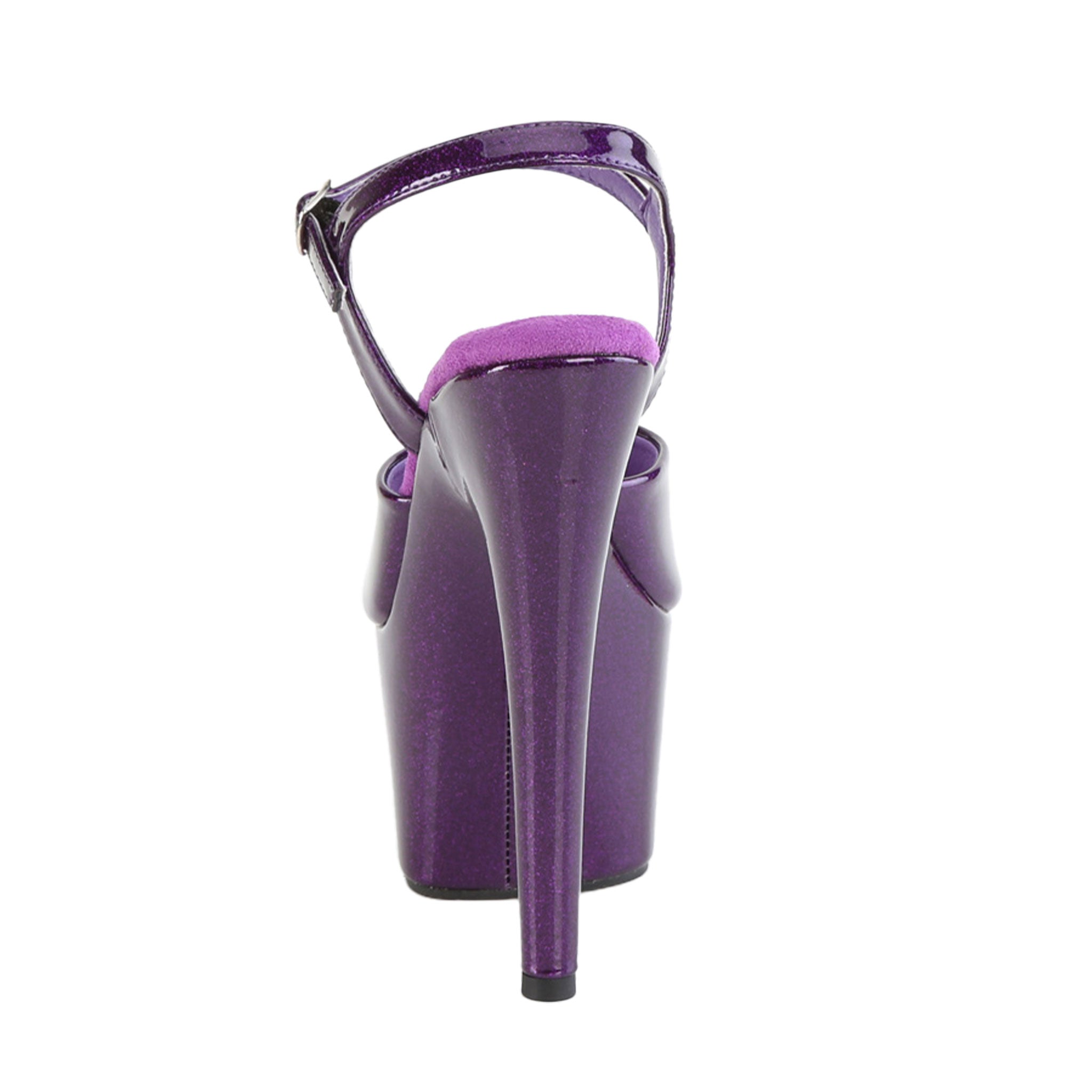 purple glitter platform sandals, 7 inch ankle strap heels, glittery high heel fetish shoes, sexy strappy club sandals, purple stripper heels with treaded sole, Fetish Factory platform heels