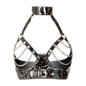 PVC vinyl chains hanging-chains lingerie intimates bra brassiere bralette open-cup cupless choker collar buckle elastic elasticated hook-and-eye fetish fashion alt-fashion bdsm bondage bdsm-fashion sexy exhibitionism exposure kink kinky kinky-gear nipple nipple-play female femme feminine womens black