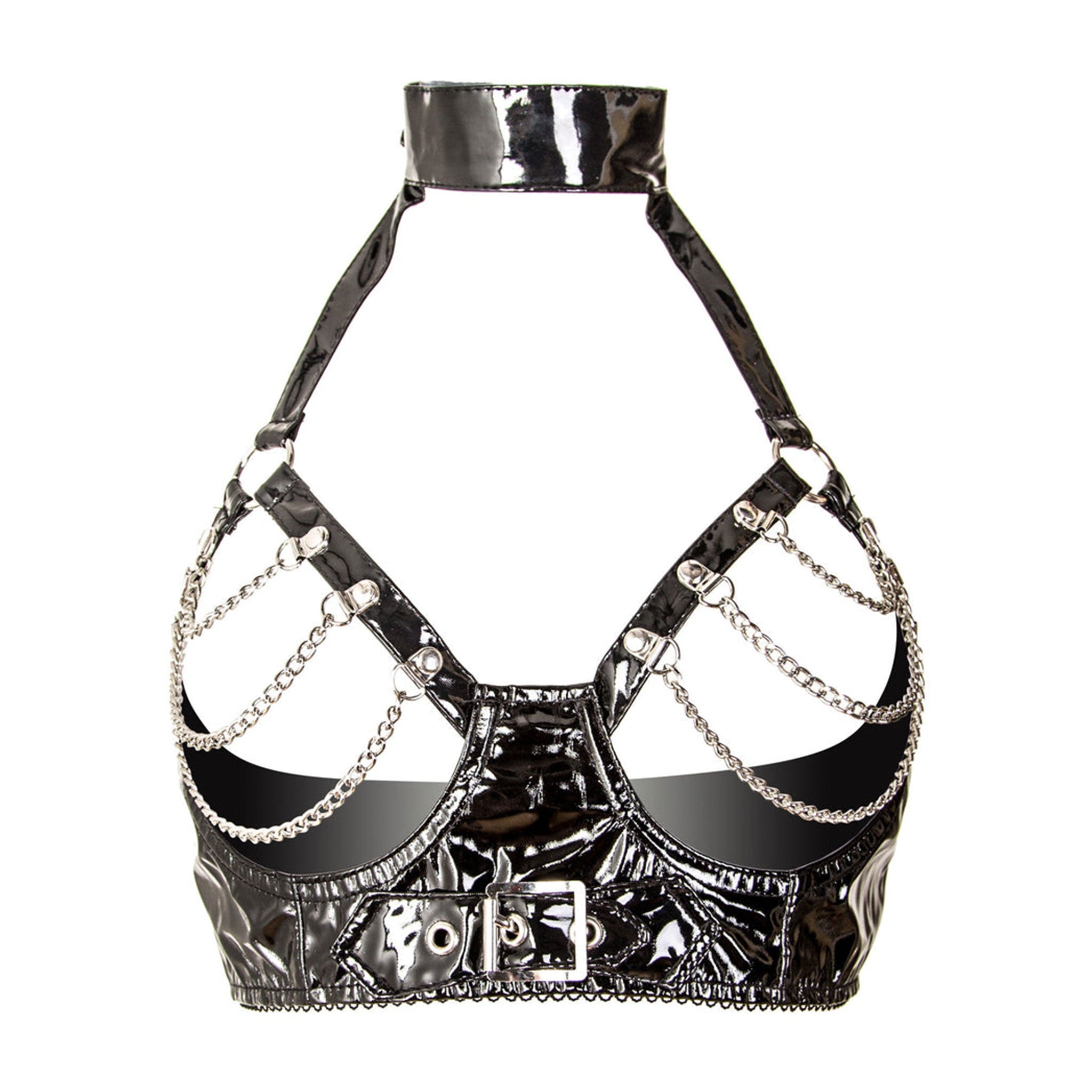 PVC vinyl chains hanging-chains lingerie intimates bra brassiere bralette open-cup cupless choker collar buckle elastic elasticated hook-and-eye fetish fashion alt-fashion bdsm bondage bdsm-fashion sexy exhibitionism exposure kink kinky kinky-gear nipple nipple-play female femme feminine womens black