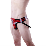 Latex jock straps, red lace-up front, contrast waistband, bold fetishwear design.