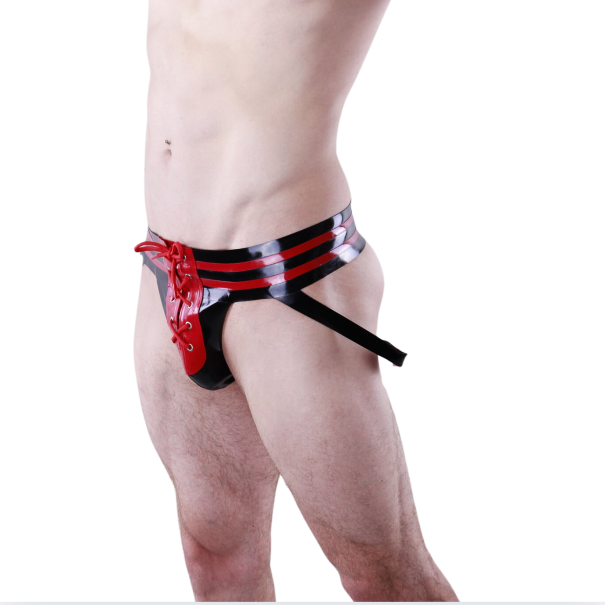 Latex jock straps, red lace-up front, contrast waistband, bold fetishwear design.