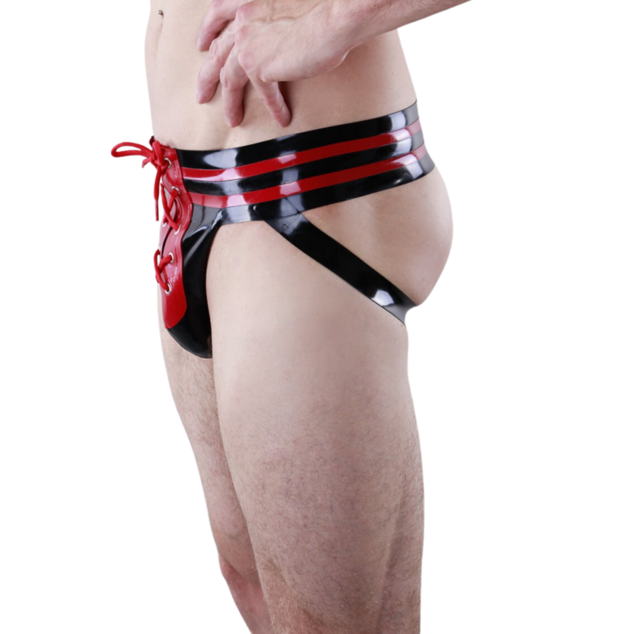 Latex jock straps, red lace-up front, contrast waistband, bold fetishwear design.