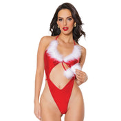 Nylon elastane intimates lingerie teddy one-piece bodysuit halterneck halter-neck high-cut high-leg tie-back tie-up marabou-feathers marabou-trim feather-trim waist-straps adjustable pom-poms breathable shiny stretchy playful north-pole holiday christmas winter-holiday unwrapping sexy female femme feminine women red white
