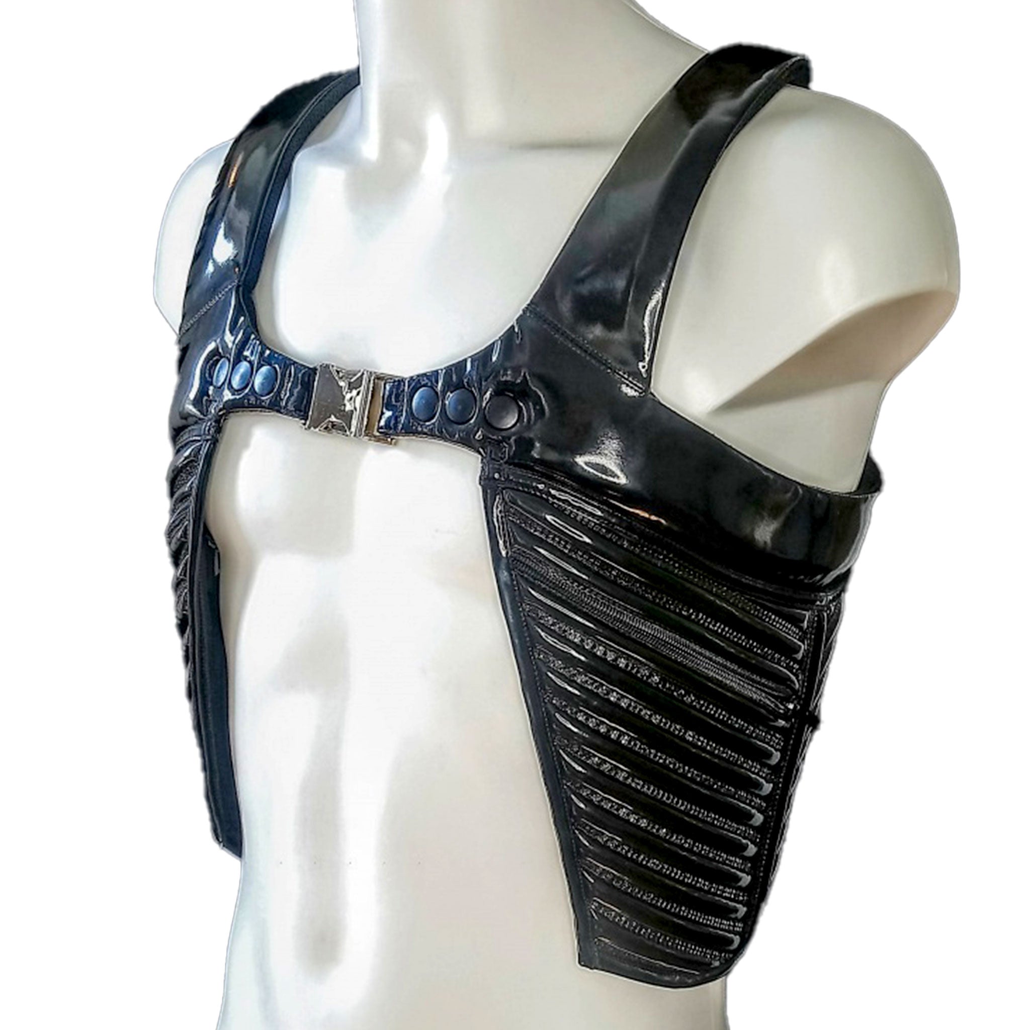 PVC vinyl top vest ribbed ribbing ribs ergonomic holster-style pockets zipper zip slide clip snap-button press-button cinching lacing futuristic fashion fetish-fashion avant-garde black