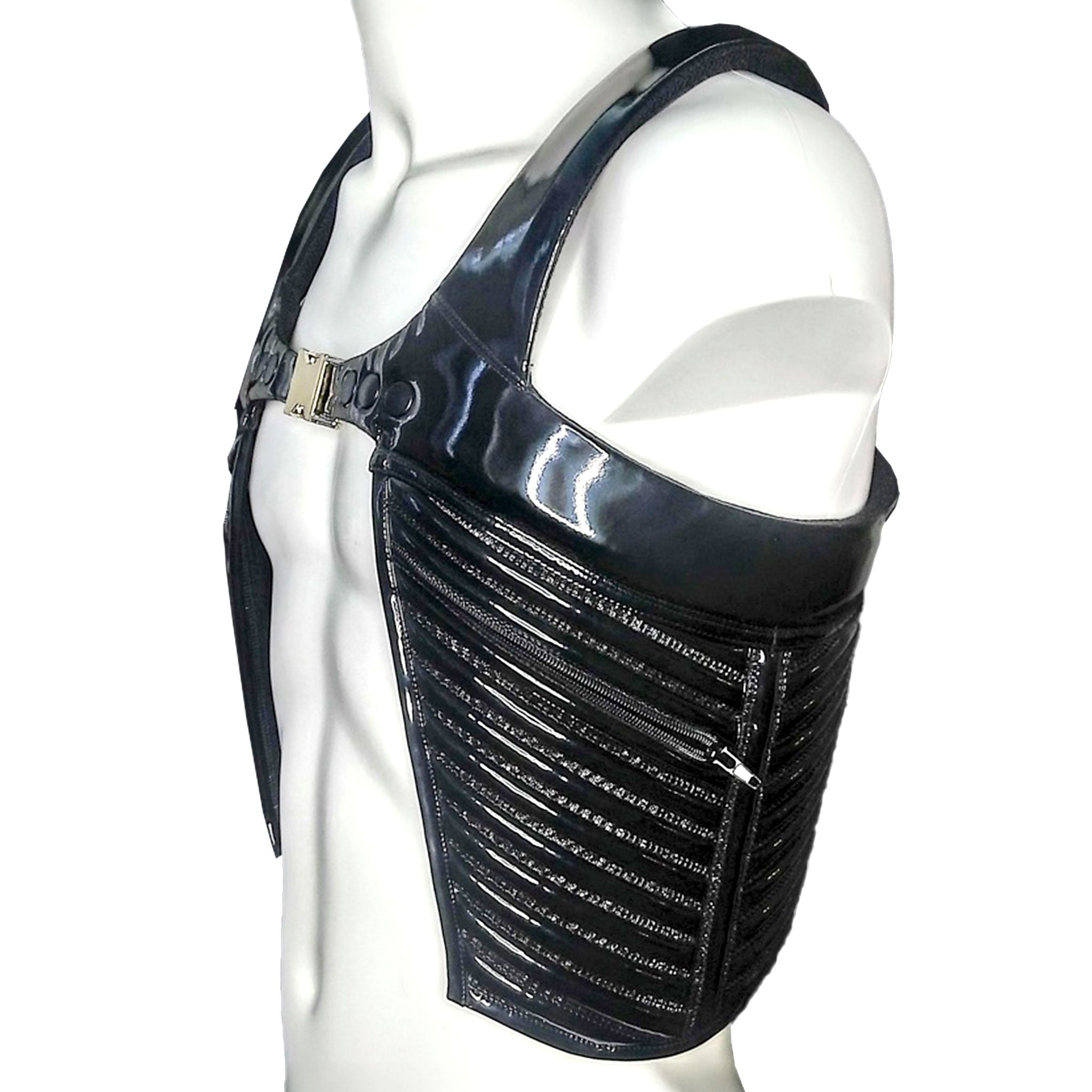 PVC vinyl top vest ribbed ribbing ribs ergonomic holster-style pockets zipper zip slide clip snap-button press-button cinching lacing futuristic fashion fetish-fashion avant-garde black
