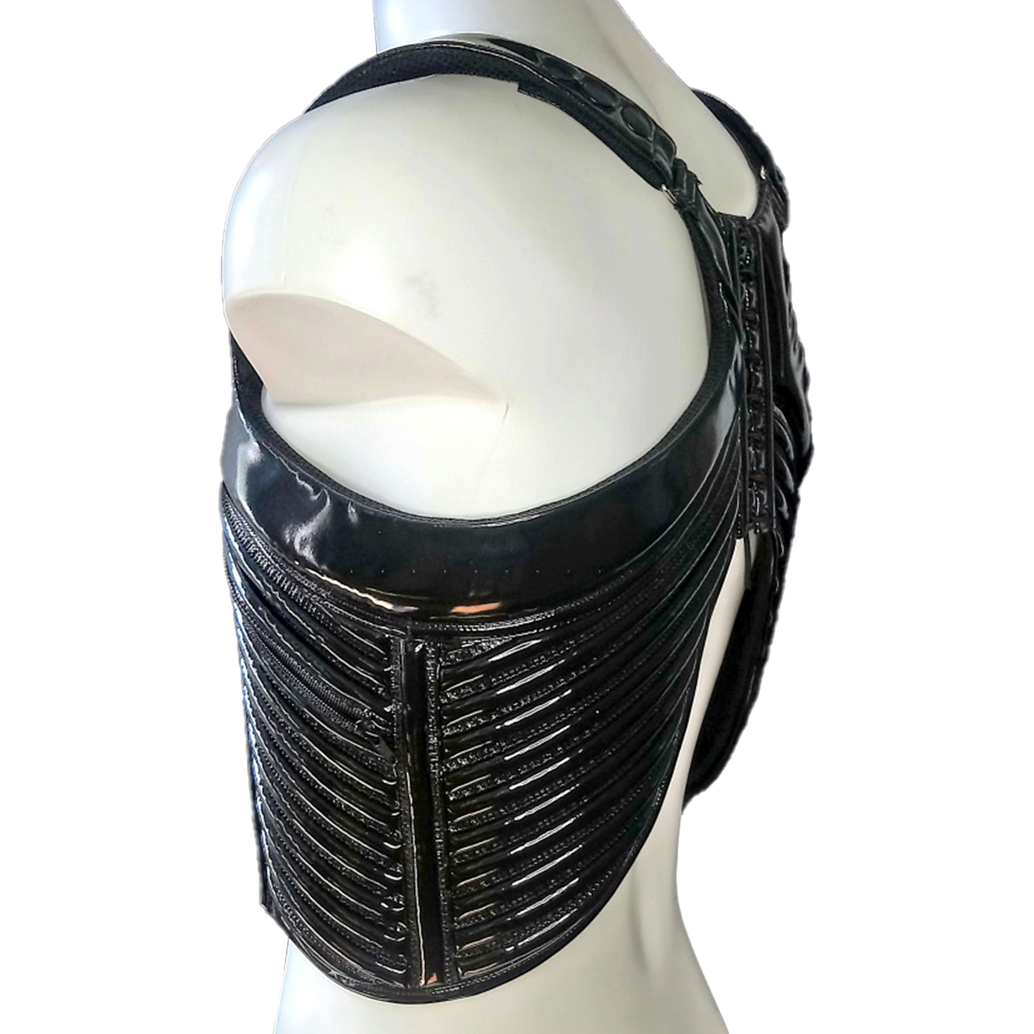 PVC vinyl top vest ribbed ribbing ribs ergonomic holster-style pockets zipper zip slide clip snap-button press-button cinching lacing futuristic fashion fetish-fashion avant-garde black