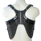 PVC vinyl top vest ribbed ribbing ribs ergonomic holster-style pockets zipper zip slide clip snap-button press-button cinching lacing futuristic fashion fetish-fashion avant-garde black