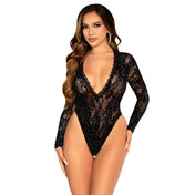 Nylon spandex intimates lingerie bodysuit body suit stocking bodystocking long sleeve sleeves sleeved longsleeve longsleeved long-sleeve deep-V neckline plunging high-cut cheeky lace hand-laid rhinestone sexy black