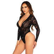 Nylon spandex intimates lingerie bodysuit body suit stocking bodystocking long sleeve sleeves sleeved longsleeve longsleeved long-sleeve deep-V neckline plunging high-cut cheeky lace hand-laid rhinestone sexy black