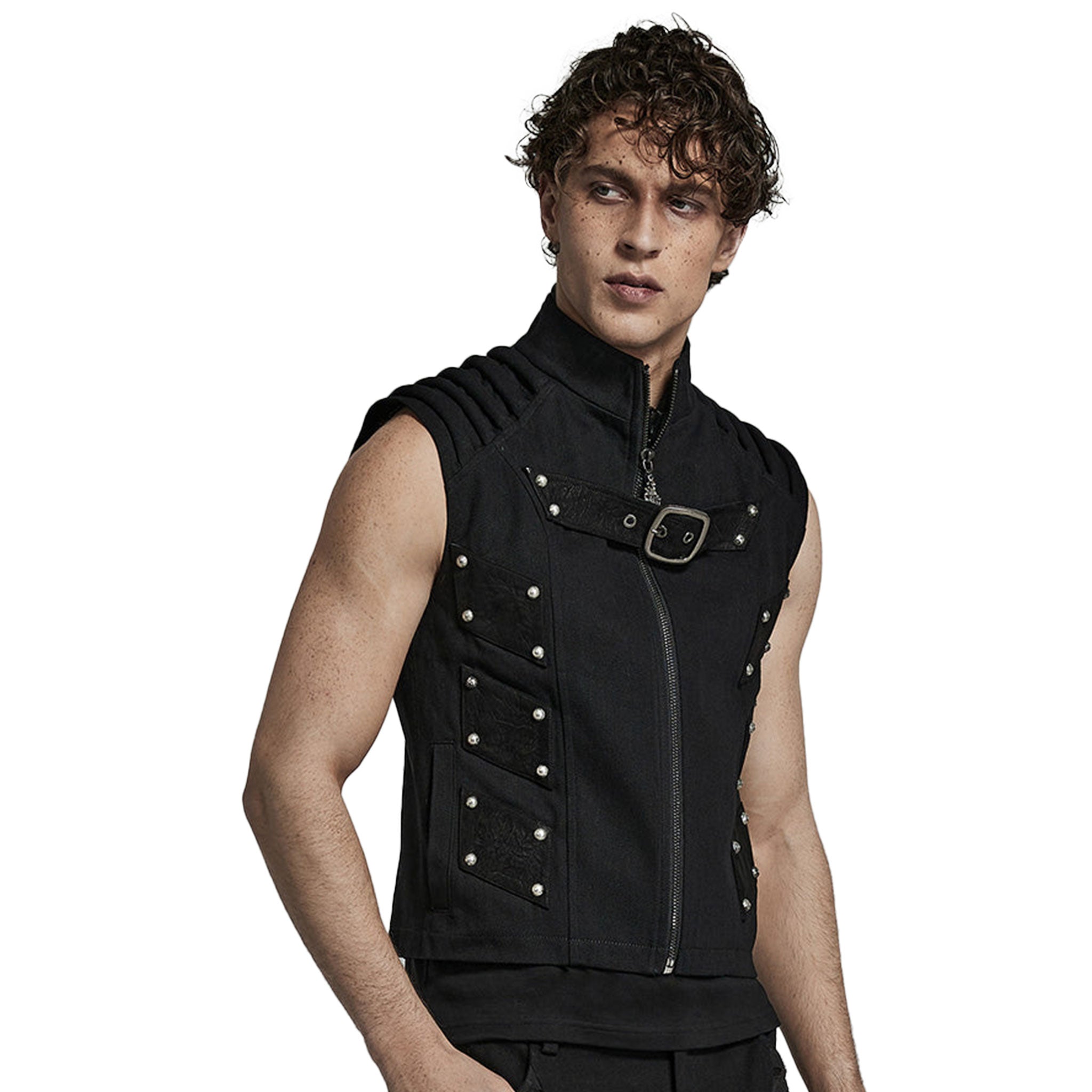 Polyester polyurethane cotton tops tops vest sleeveless short-sleeve shortsleeve shoulders ribbed standing-collar front-zip zipper buckle hip-pockets back-vent goth gothic punk alt-fashion doomsday post-apocalyptic apocalypse masc masculine mens male guys dudes black