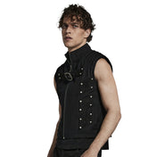 Polyester polyurethane cotton tops tops vest sleeveless short-sleeve shortsleeve shoulders ribbed standing-collar front-zip zipper buckle hip-pockets back-vent goth gothic punk alt-fashion doomsday post-apocalyptic apocalypse masc masculine mens male guys dudes black