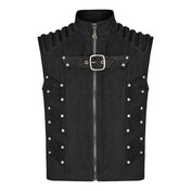 Polyester polyurethane cotton tops tops vest sleeveless short-sleeve shortsleeve shoulders ribbed standing-collar front-zip zipper buckle hip-pockets back-vent goth gothic punk alt-fashion doomsday post-apocalyptic apocalypse masc masculine mens male guys dudes black