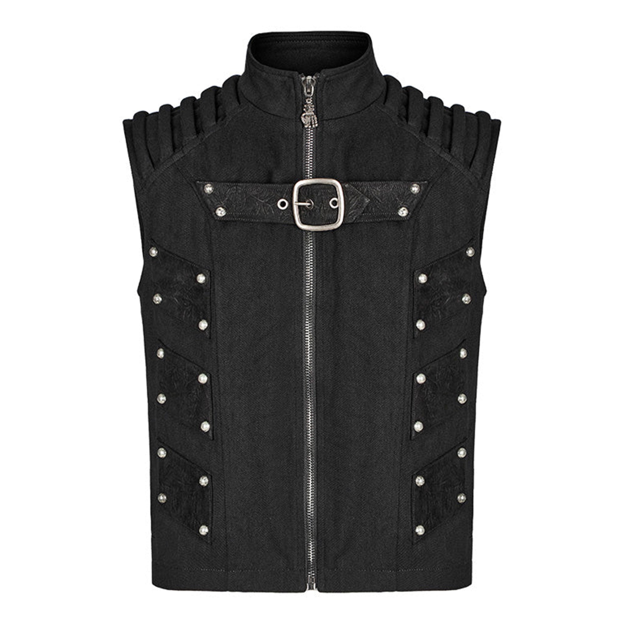 Polyester polyurethane cotton tops tops vest sleeveless short-sleeve shortsleeve shoulders ribbed standing-collar front-zip zipper buckle hip-pockets back-vent goth gothic punk alt-fashion doomsday post-apocalyptic apocalypse masc masculine mens male guys dudes black