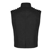 Polyester polyurethane cotton tops tops vest sleeveless short-sleeve shortsleeve shoulders ribbed standing-collar front-zip zipper buckle hip-pockets back-vent goth gothic punk alt-fashion doomsday post-apocalyptic apocalypse masc masculine mens male guys dudes black