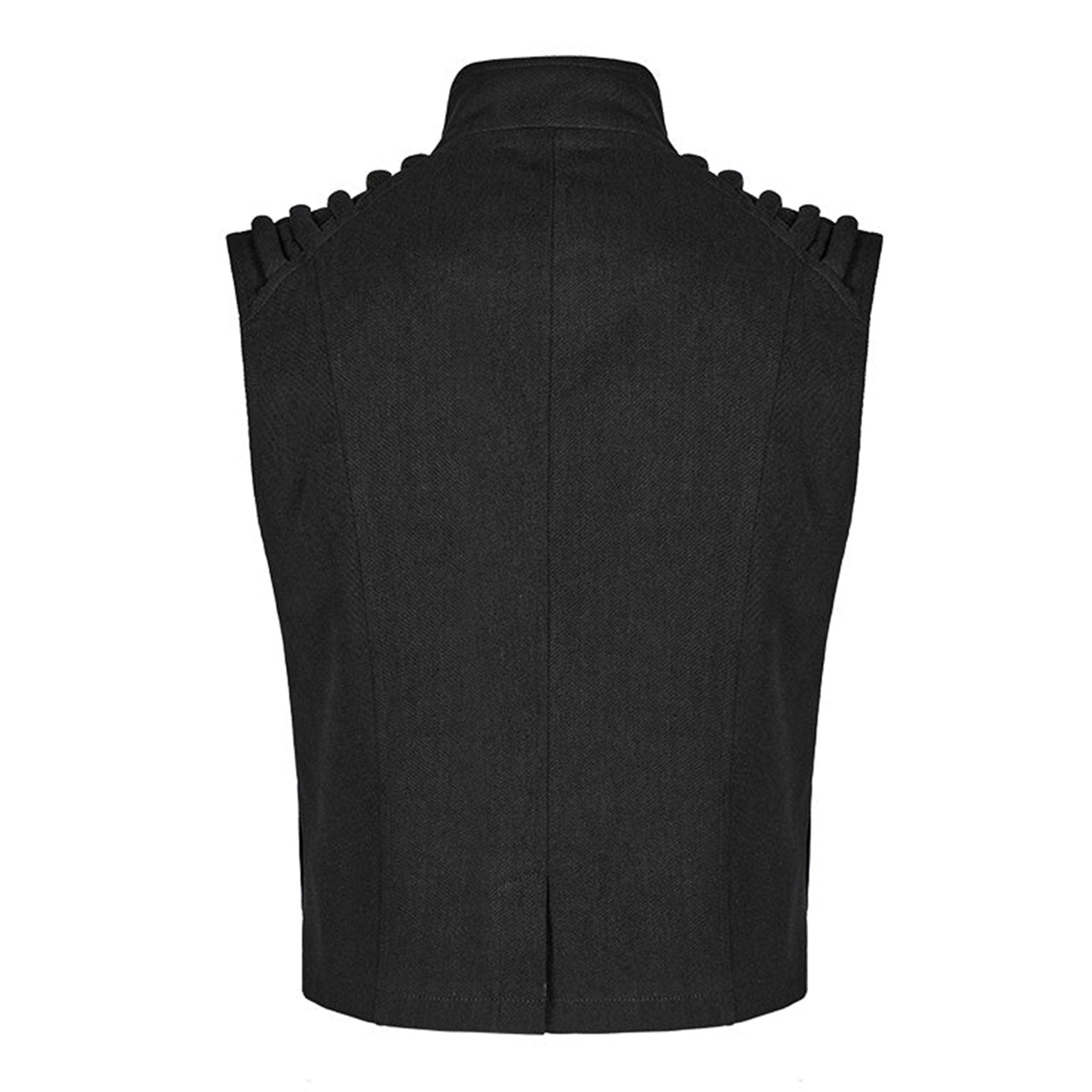 Polyester polyurethane cotton tops tops vest sleeveless short-sleeve shortsleeve shoulders ribbed standing-collar front-zip zipper buckle hip-pockets back-vent goth gothic punk alt-fashion doomsday post-apocalyptic apocalypse masc masculine mens male guys dudes black