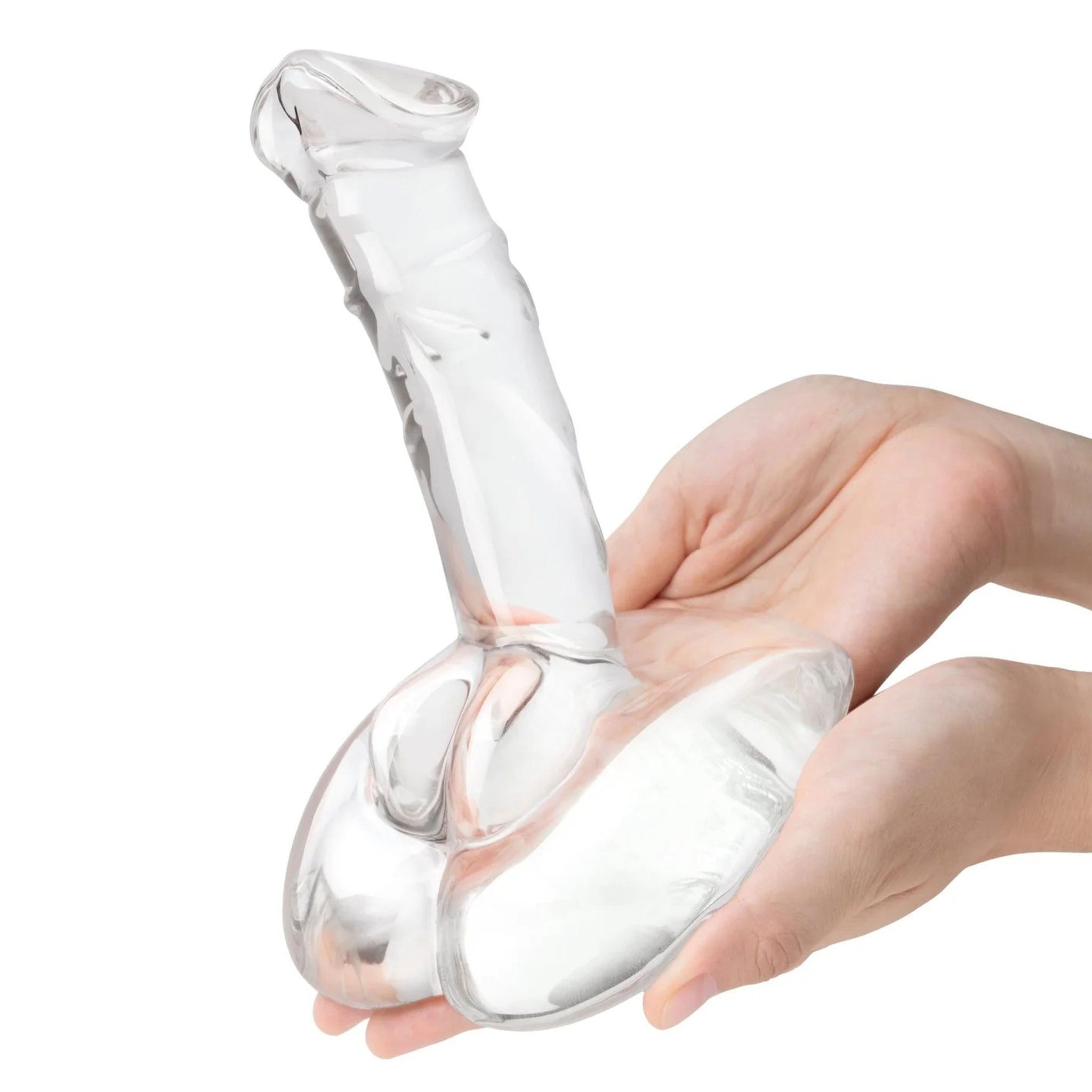 Glass pyrex dildo dong ride-on non-vibe non-vibrating curved realistic wide sturdy base balls 7.5-inches hypoallergenic fracture-resistant adult-toys clear