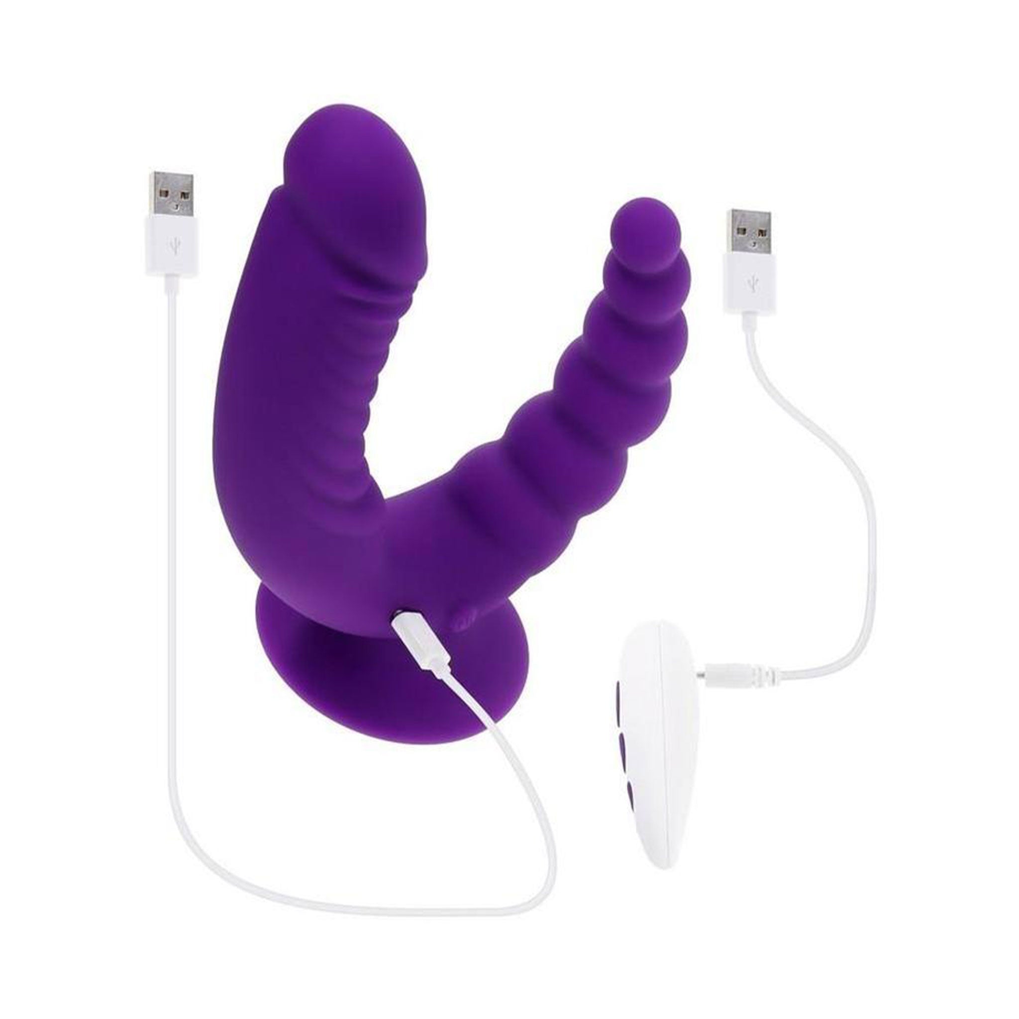 Silicone ABS-plastic sex-toys phallic dildo dong double-sided double-ended creascent-shaped curved dual-ended dual-sided textured beaded ribbed ridged graduated-beads intense pleasure adaptive versatile stimulating stimulator stimulation anal-vibe plug probe vibe vibrating vibration suction-cup remote-control hands-free remote long-range waterproof USB-rechargeable underwater submersible adult-toys purple