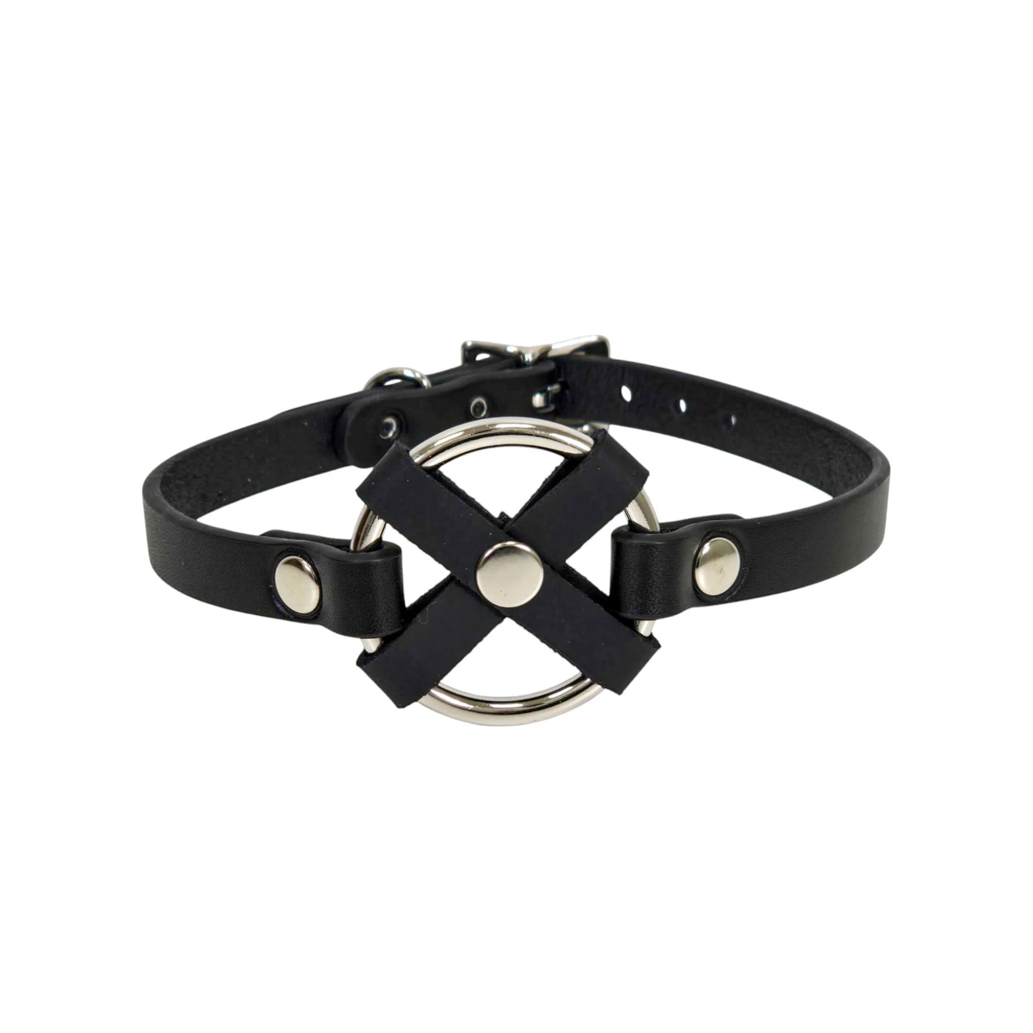 Leather collar choker ring O-ring cross X-shaped adjustable buckle fetish fashion costume cosplay punk goth gothic rave rave-wear accessories black