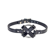 Leather collar choker ring O-ring cross X-shaped adjustable buckle fetish fashion costume cosplay punk goth gothic rave rave-wear accessories black patent