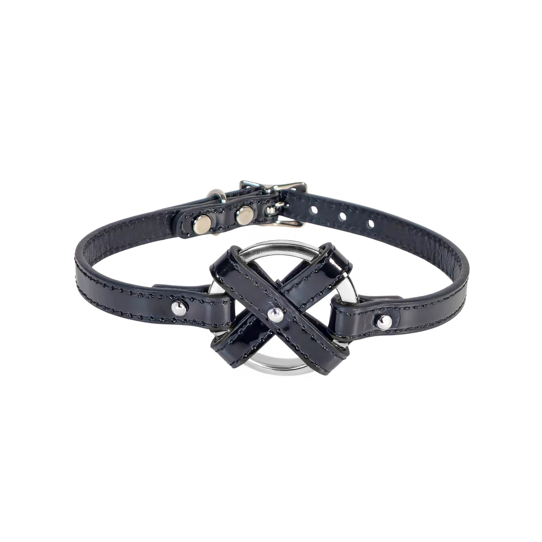 Leather collar choker ring O-ring cross X-shaped adjustable buckle fetish fashion costume cosplay punk goth gothic rave rave-wear accessories black patent