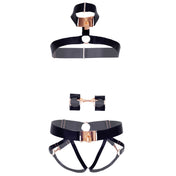 Satin elastic lingerie set lingerie-set intimates harness chest leg butt body collar wrist cuffs wristcuffs wrist-cuffs hand cuffs handcuffs hand-cuffs restraints locking lockable lock-and-key O-ring 3-piece three-piece 3pc crotchless kink kinky erotic black rose-gold