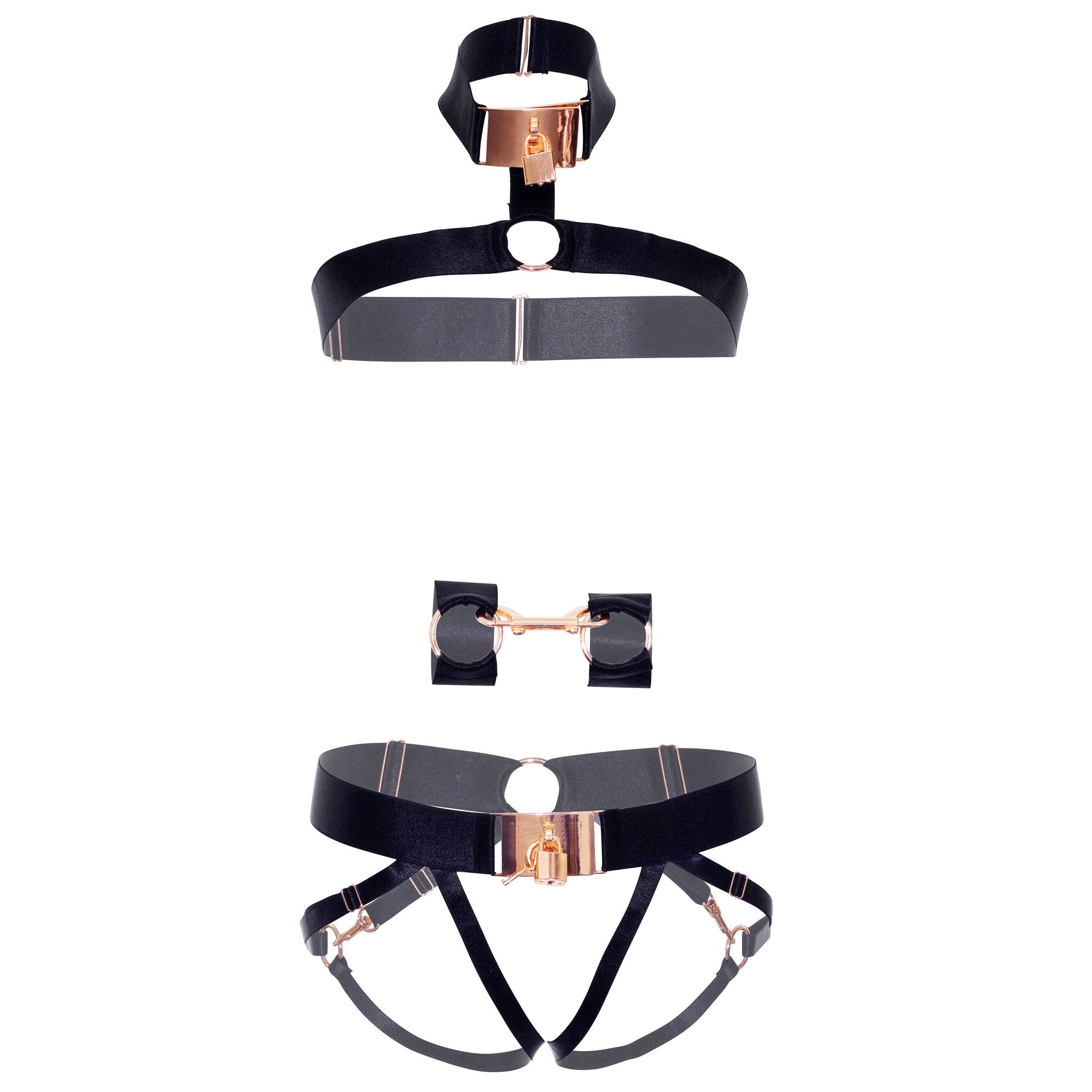 Satin elastic lingerie set lingerie-set intimates harness chest leg butt body collar wrist cuffs wristcuffs wrist-cuffs hand cuffs handcuffs hand-cuffs restraints locking lockable lock-and-key O-ring 3-piece three-piece 3pc crotchless kink kinky erotic black rose-gold