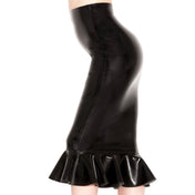 Latex rubber skirt midi-skirt knee-length pencil-skirt ruffled-hem ruffled back-zip zipper half-zip elegant tight hip-hugging shiny classic-cut flattering fetish fashion alt-fashion pinup pin-up retro secretary sexy female femme feminine women black