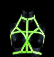 Bra harness glow in the dark, green glow bra harness, adjustable straps, glow-in-the-dark BDSM, bondage harness, nylon harness, green glow