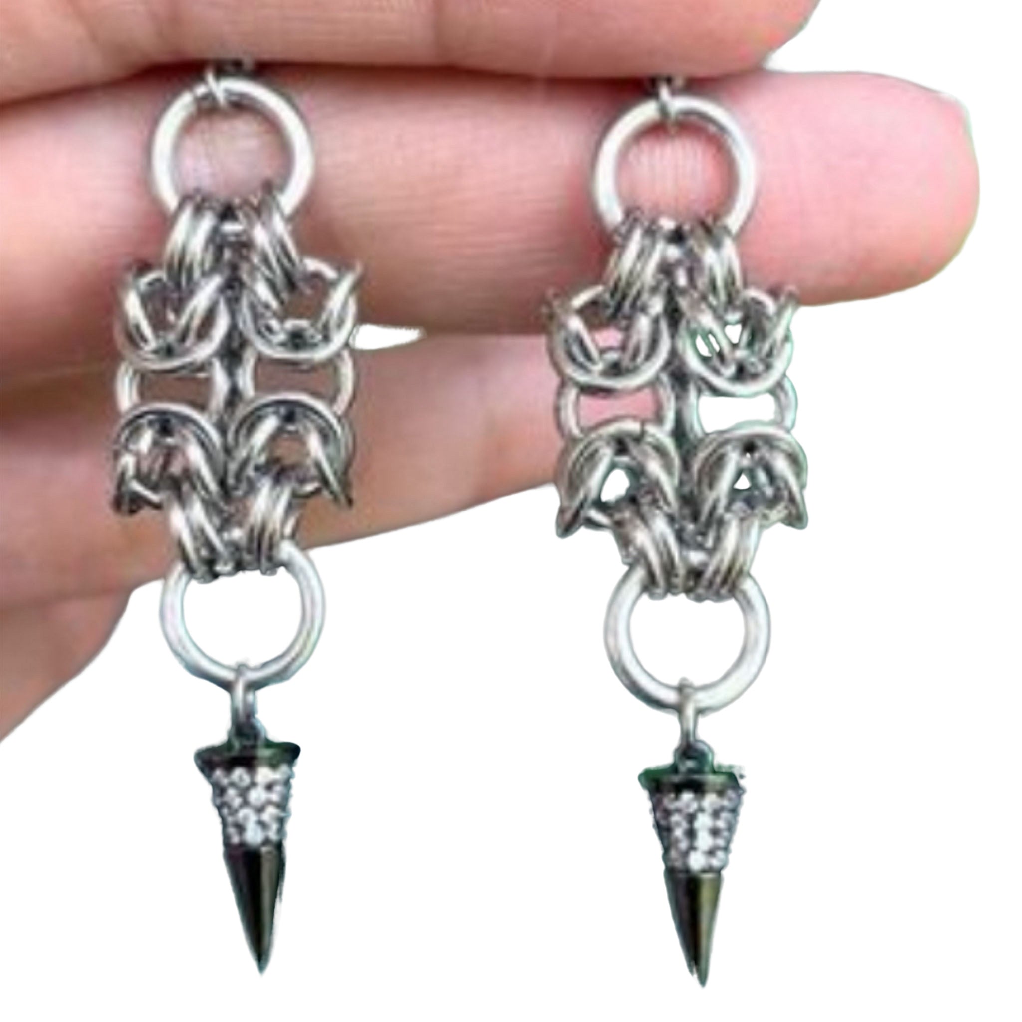 Stainless Chain Mail Black Rhodium Micro Pave Cubic Spike Dangle Earrings