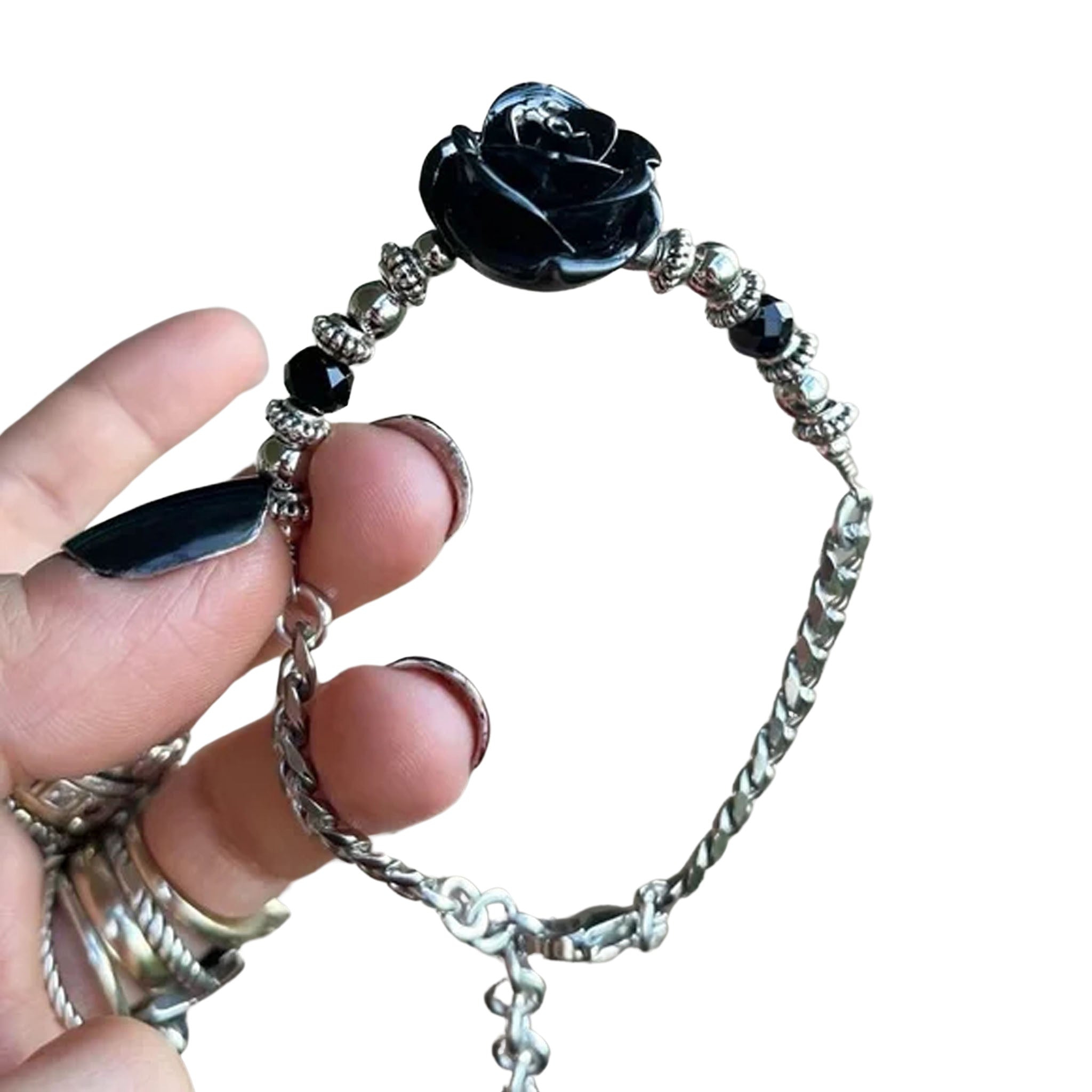 Stainless Chain Black Rose Bracelet