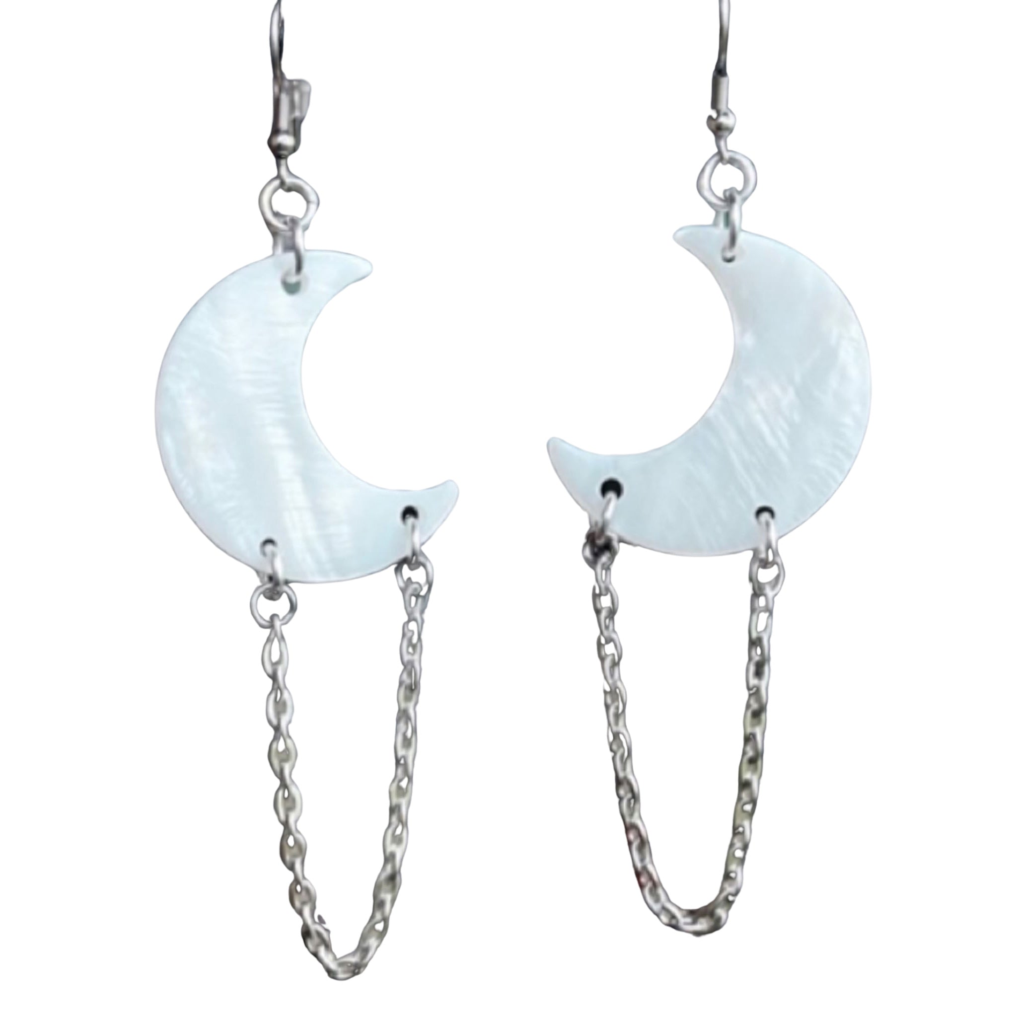 Mother Of Pearl Half Moon Stainless Chain Dangle Earrings