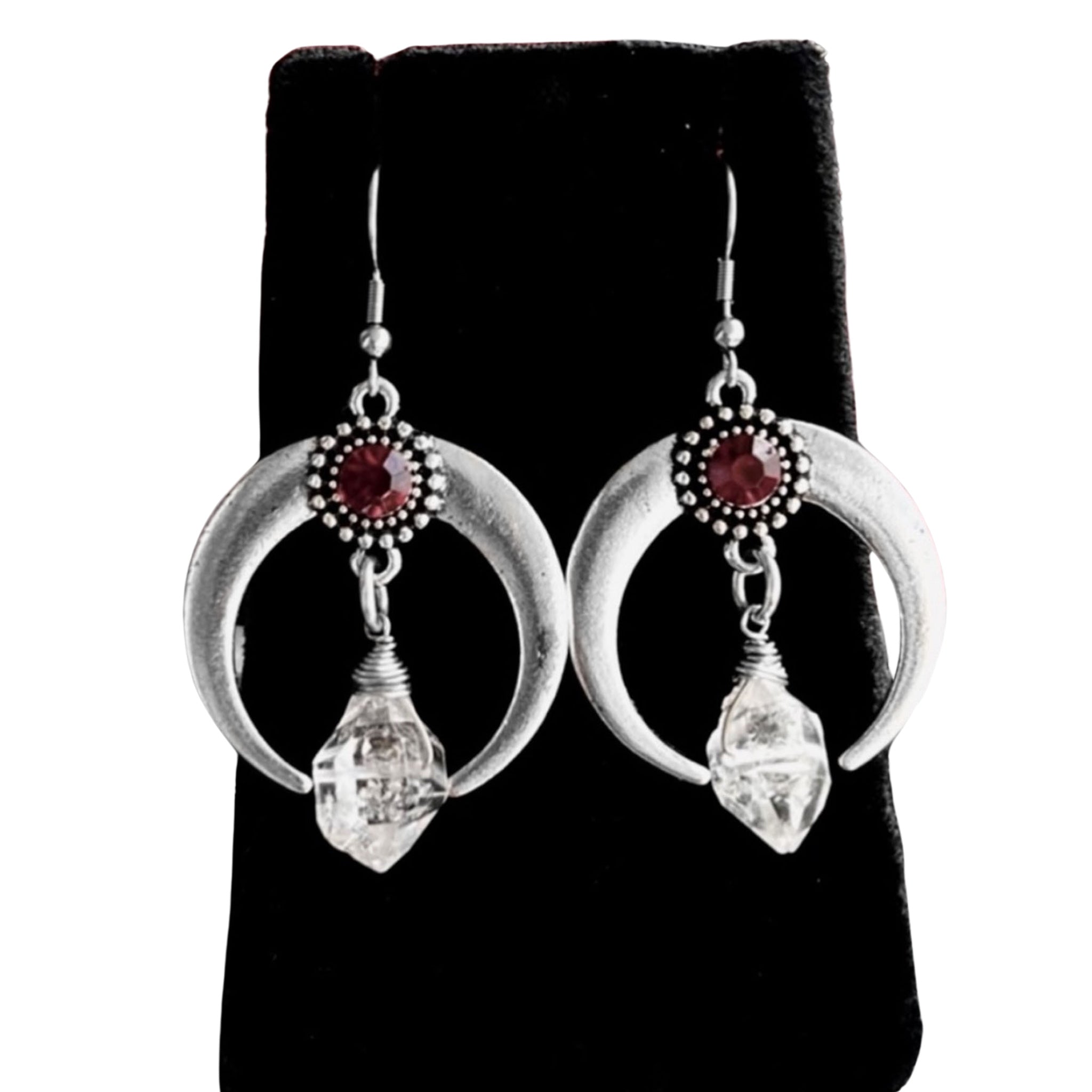Herkimer Red Diamonds Crystal Quarts Moon Dangle Earrings