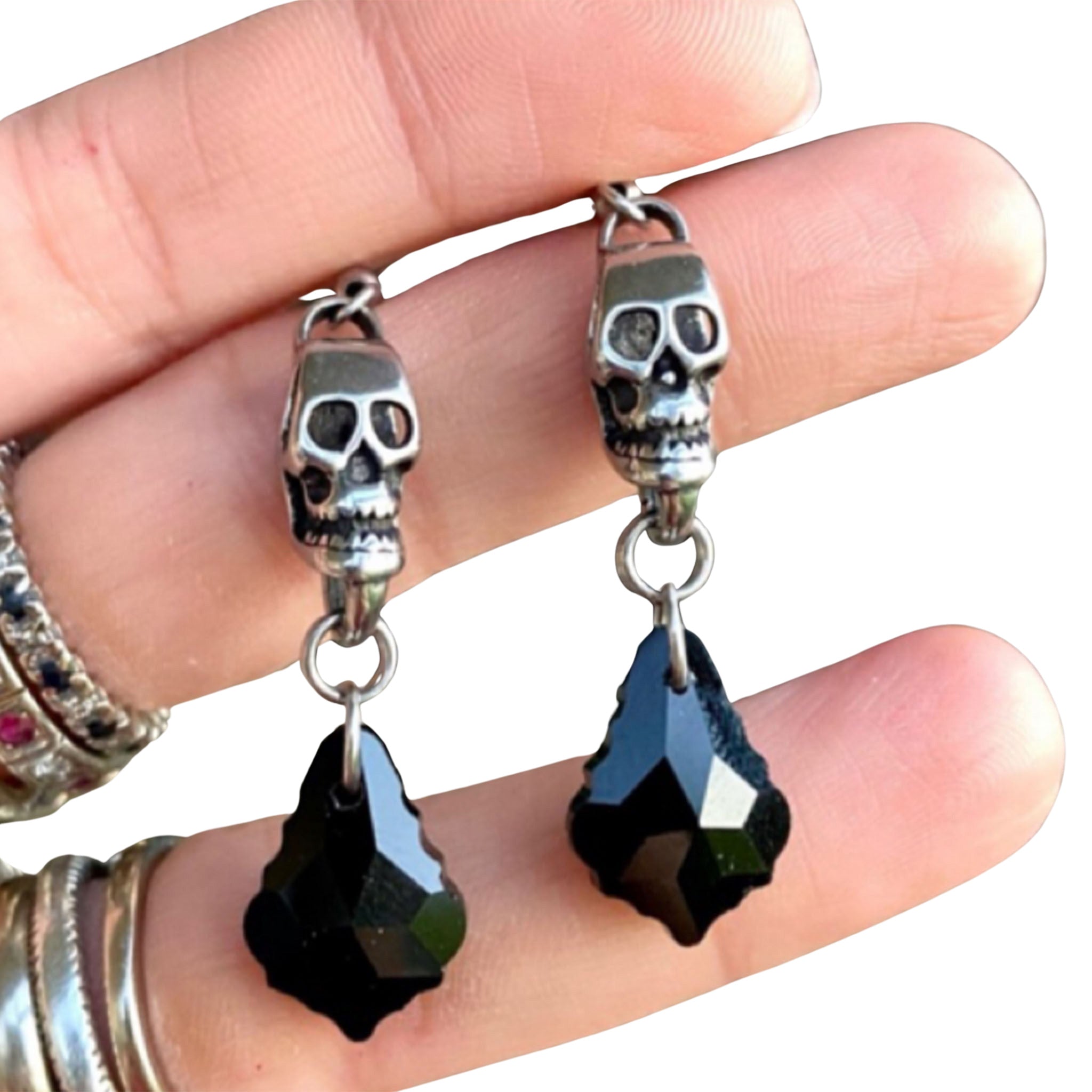 Stainless Skull Black Austrian Glass Dangle Earrings