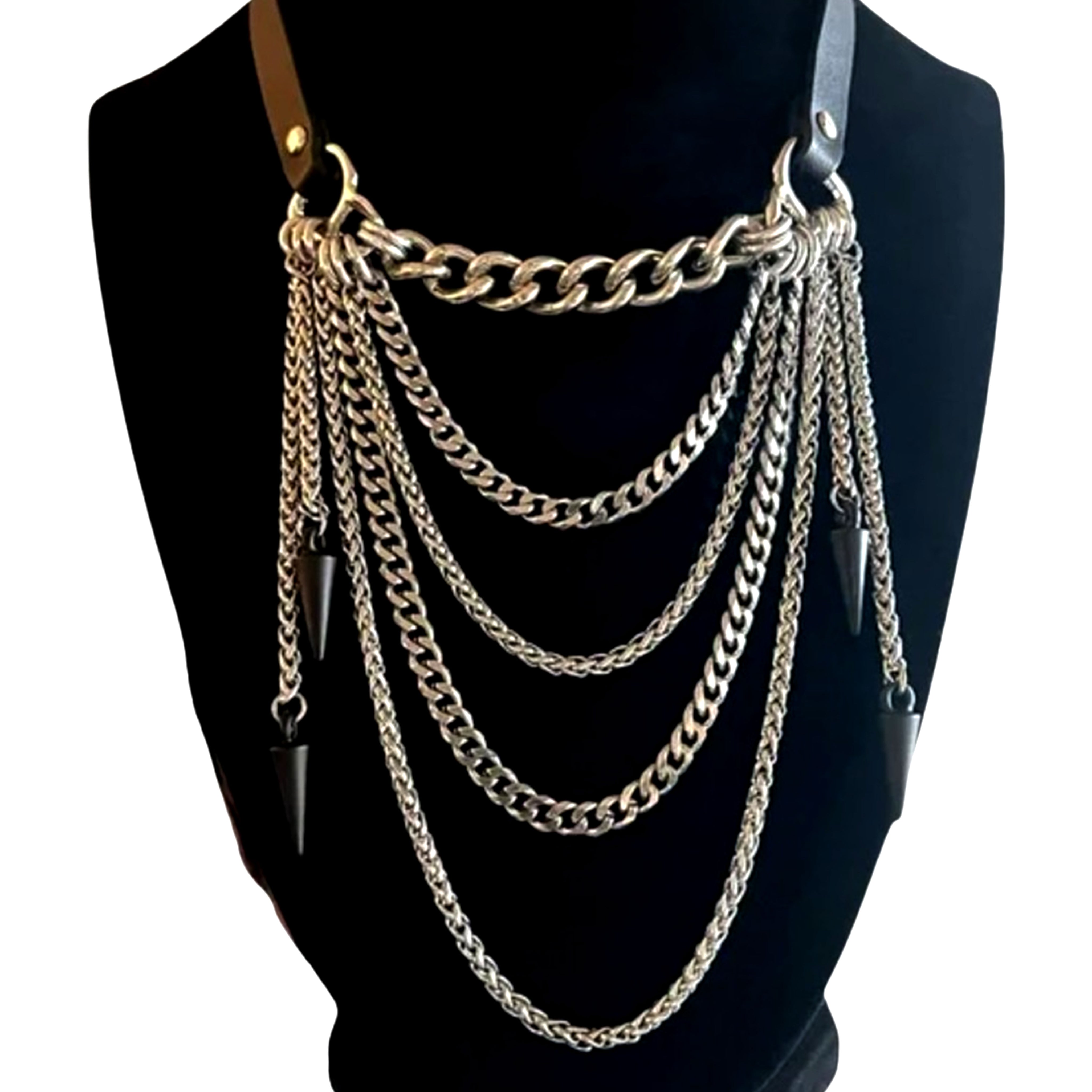 Multi Hanging Chains & Spikes Leather Choker