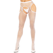 Nylon hosiery pantyhose panty-hose scalloped trim fishnet fish net fish-net suspender crotchless open-crotch intimates white