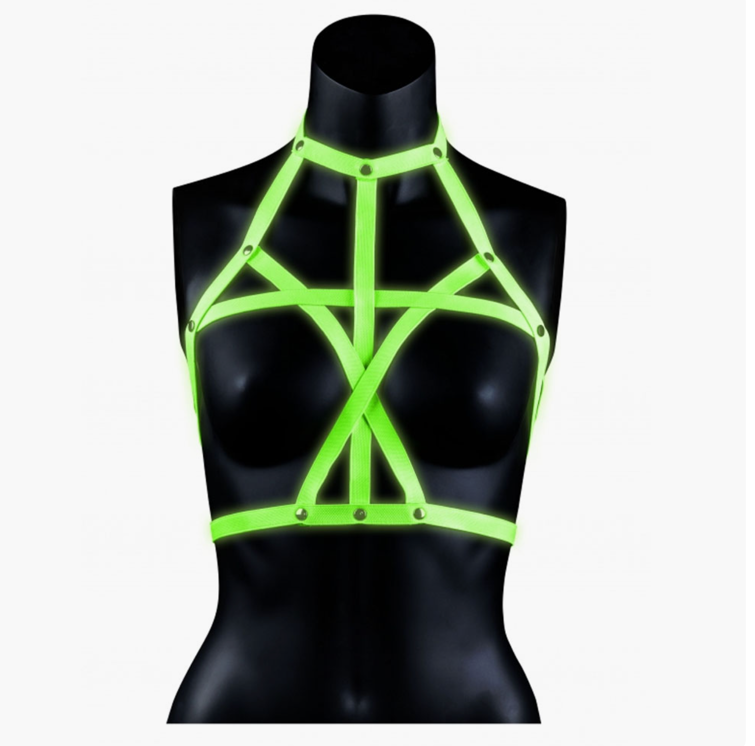 Bra harness glow in the dark, green glow bra harness, adjustable straps, glow-in-the-dark BDSM, bondage harness, nylon harness, green glow