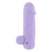 ABS-plastic silicone silicone-sleeve vibe vibrator vibrating stim stimulation stimulator bullet phallus phallic phallic-shaped removable-sleeve veiny realistic textured squishy ballsy intense compact powerful discreet versatile ergonomic waterproof usb-rechargeable travel-ready travel-friendly adult-toys purple lavender