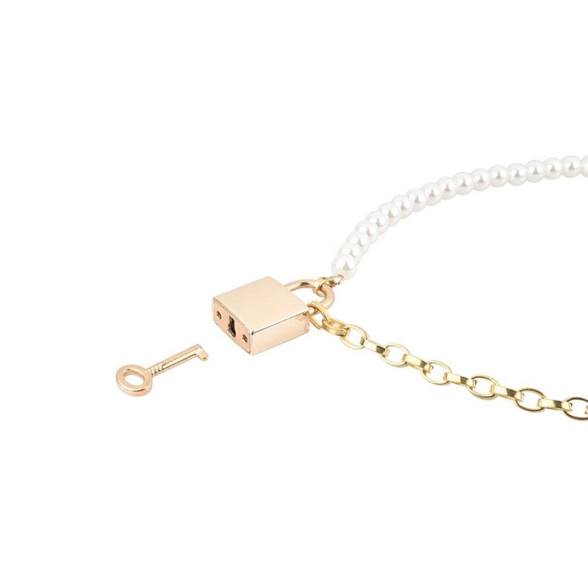 Metallic chain day-collar collar choker necklace bracelet versatile jewelry pearls faux adjustable half-and-half bondage bdsm bdsm-gear submission domination submissive luxury ownership owner discreet lock pad-lock accessories gold white