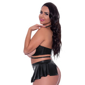 Wetlook polyurethane polyester Spandex intimates lingerie lingerie-set 3pc 3-pc 3-piece three-piece top bra harness chest-harness open-bust O-ring cross-strap underbust swanhook swan-hook panty gstring g-string skirt ruffled side-ruffle flowy adjustable shiny strappy halloween female feminine femme women queen-size plus-size curvy black