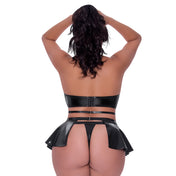 Wetlook polyurethane polyester Spandex intimates lingerie lingerie-set 3pc 3-pc 3-piece three-piece top bra harness chest-harness open-bust O-ring cross-strap underbust swanhook swan-hook panty gstring g-string skirt ruffled side-ruffle flowy adjustable shiny strappy halloween female feminine femme women queen-size plus-size curvy black