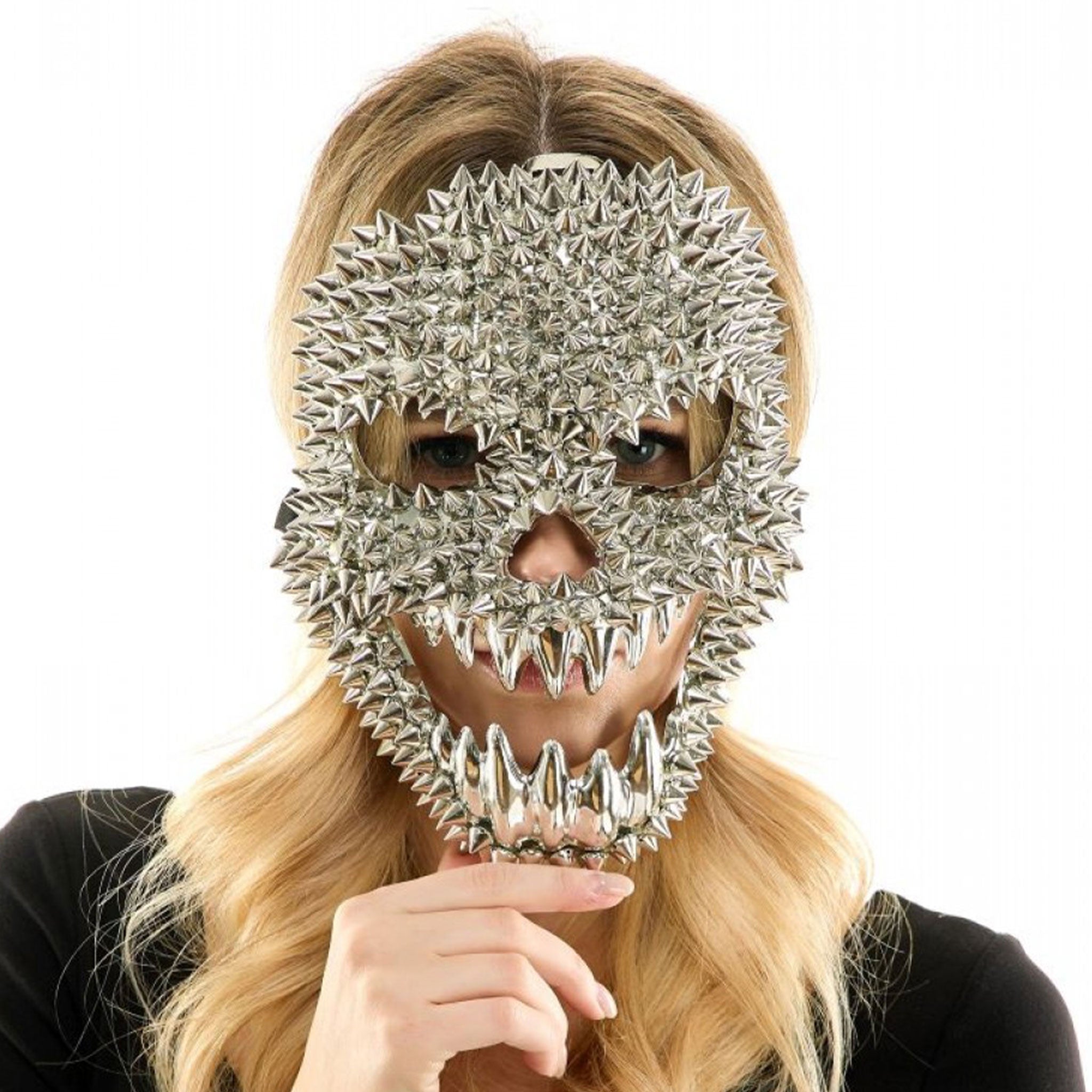 Plastic molded-plastic lightweight light-weight mask skull spike spikes spiked sharp-teeth grin smile comfortable fierce hard-core hardcore punk costume cosplay halloween skeleton skeletal party mens womens unisex silver