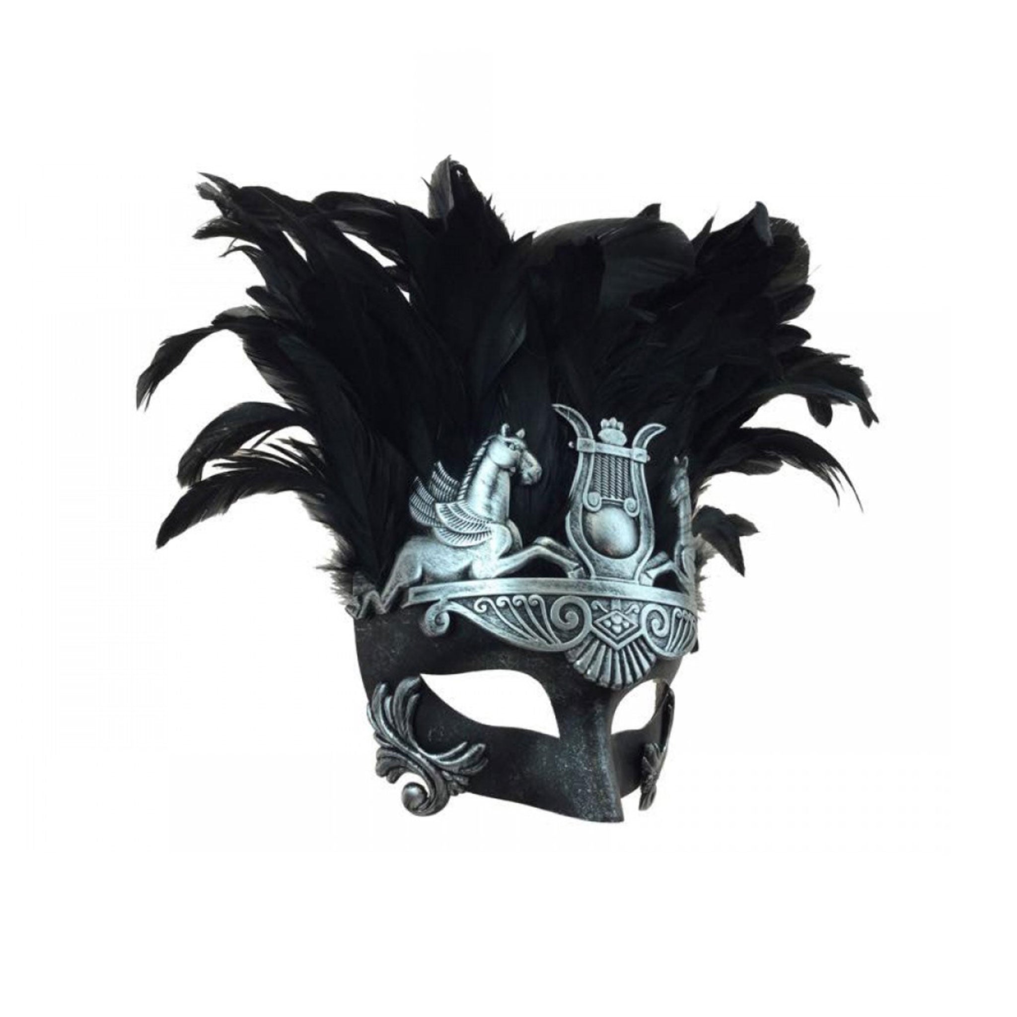 Plastic resin molded-resin feathers accessories mask venetian-mask half-mask antique feather-crown pegasus lyre harp mesopotamian greek roman flourish-detail elegant elegance dramatic regal mysterious sophistication sophisticated flair bold standout stand-out fantasy costume cosplay Halloween masquerade masquerade-ball party silver black